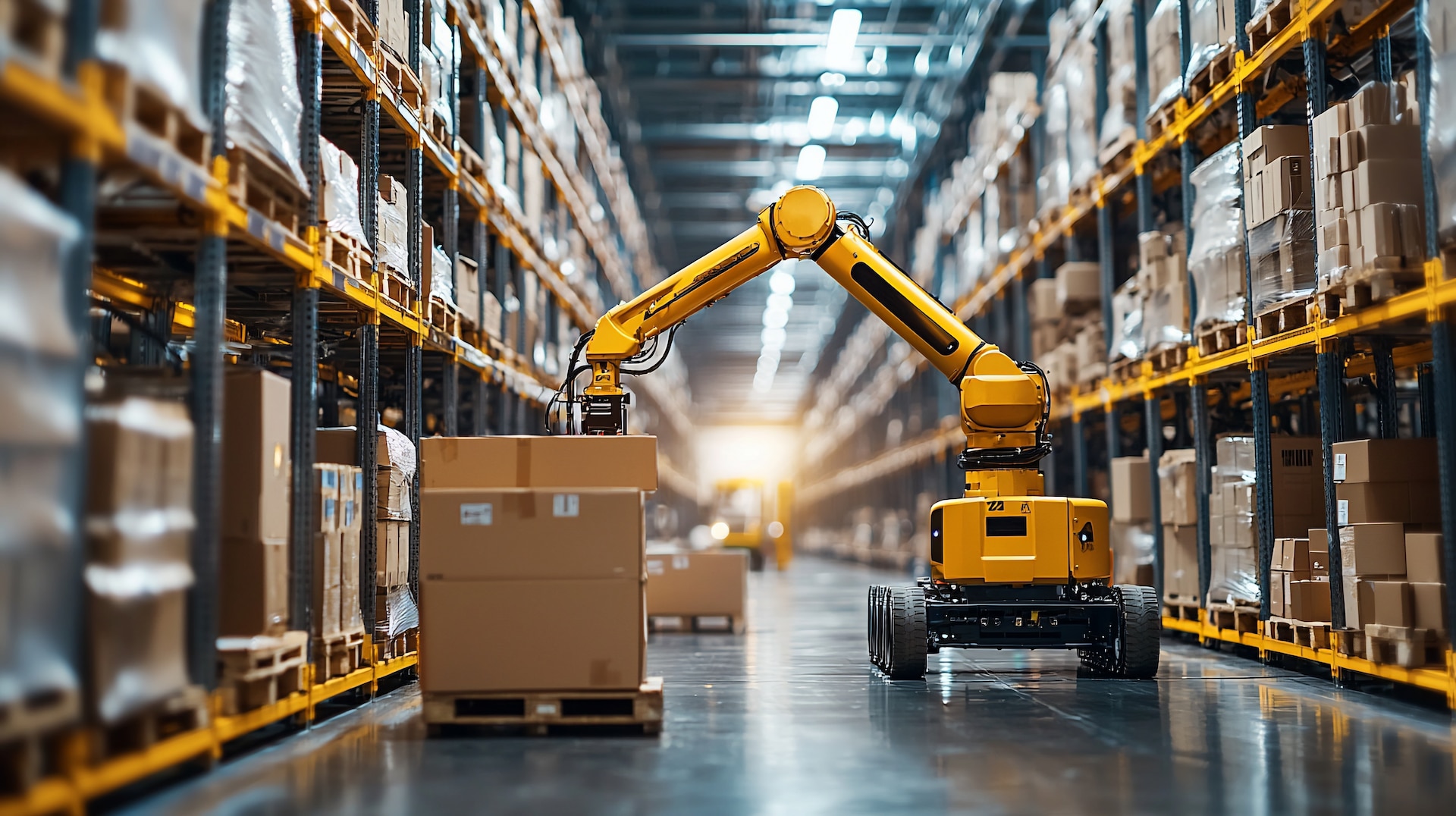 Automated stock warehouse with pallet racks and boxed inventory